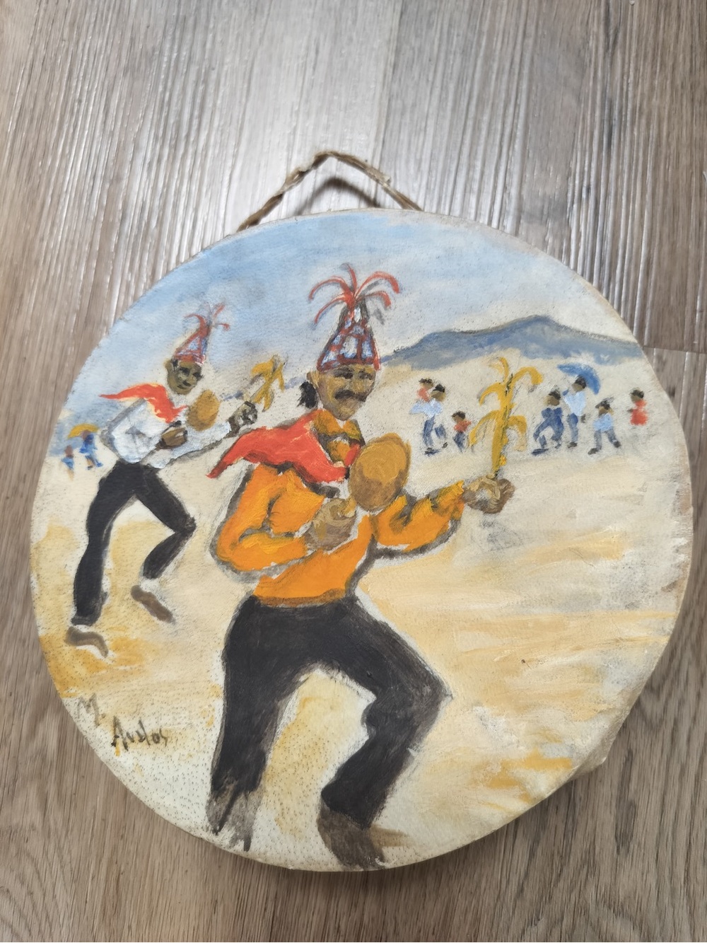 Vintage M. Avalos Signed Hand-Painted Rawhide Drum Folk Art 7.5"